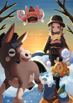 Rule 34 | 1girl, 2023, alternate color, appletun, azurill, bare tree, beanie, black pants, blush, brown hair, brown hat, closed mouth, clothed pokemon, commentary, english commentary, flittle, gen 3 pokemon, gen 4 pokemon, gen 6 pokemon, gen 7 pokemon, gen 8 pokemon, goomy, happy new year, hat, holding, holding pokemon, holding snowball, mittens, mudbray, new year, nintendo, nostrils, open mouth, outdoors, pants, pink mittens, pokemon, pokemon (creature), pokemon team, pokeprint, red eyes, red hat, rotom, rotom (heat), shiny pokemon, short hair, smile, snow, snowball, sun, telekinesis, tree, winter