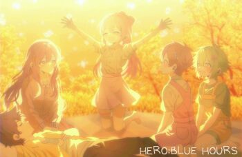 2girls 3boys absurdres alternate_costume alternate_eye_color alternate_hair_color alternate_hairstyle alternate_universe antenna_hair arms_up asymmetrical_legwear aubrey_(headspace)_(omori) aubrey_(omori) basil_(headspace)_(omori) basil_(omori) black_pants blue_shirt blush bright_pupils brother_and_sister cardigan closed_eyes closed_mouth collarbone collared_jacket collared_shirt commentary double-parted_bangs english_commentary flower green_eyes green_hair green_shirt hair_between_eyes hair_flower hair_ornament hero_(headspace)_(omori) hero_(omori) highres jacket long_hair long_sleeves looking_at_another lying mari_(headspace)_(omori) mari_(omori) multiple_boys multiple_girls my_loleeta omori omori_(omori) on_back open_clothes open_jacket open_mouth overall_shorts overall_skirt overalls pants parted_lips pink_overalls pink_skirt ponytail puffy_short_sleeves puffy_sleeves purple_cardigan purple_hair seiza shirt short-sleeved_jacket short_hair short_sleeves siblings single_sock single_thighhigh sitting skirt smile socks striped_clothes striped_socks striped_thighhighs t-shirt thighhighs tree uneven_legwear white_pupils white_shirt white_socks yellow_jacket yellow_overalls