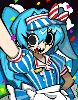 1girl aliens_uteu7 apron black_eyes blue_hair bow commentary_request confetti hand_on_own_hip hat hatsune_miku highres long_hair looking_at_viewer mesmerizer_(vocaloid) name_tag open_mouth sharp_teeth shirt short_sleeves smile solo striped_clothes striped_shirt teeth thick_eyelashes thick_lineart tongue tongue_out twintails upper_body visor_cap vocaloid waist_apron white_apron