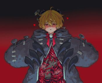 1boy 3samil1 animal_ears bear_claws bear_ears blonde_hair candy_gore disembodied_hand e.g.o_(project_moon) gradient_background guro heart heart-shaped_pupils hex_nail_(e.g.o) limbus_company male_focus nail_(hardware) nail_hair_ornament parted_lips paw_sleeves project_moon red_yarn short_hair simple_background sinclair_(project_moon) solo steaming_body stitches symbol-shaped_pupils upper_body