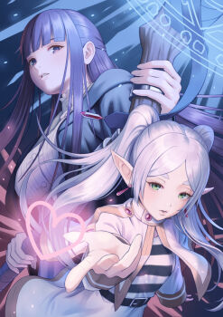 2girls blunt_bangs breasts casting_spell checkered_clothes checkered_shirt commentary dress earrings elf fern_(sousou_no_frieren) fingernails frieren frieren_blowing_a_kiss gold_trim green_eyes guitaristkaz highres holding holding_staff holding_weapon jewelry large_breasts long_hair looking_at_viewer mage_staff multiple_girls open_mouth pointy_ears purple_eyes purple_hair shirt small_breasts sousou_no_frieren staff teeth twintails weapon white_hair