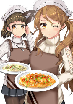 1girl absurdres apron black_skirt brown_apron brown_eyes brown_hair eyewear_strap food glasses headdress high_side_ponytail highres himura_moritaka italia_(kancolle) italia_(valentine)_(kancolle) kantai_collection littorio_(kancolle) long_hair matching_outfits one_eye_closed pantyhose pasta pince-nez plate ribbed_sweater roma_(kancolle) roma_(nakau)_(kancolle) short_hair simple_background skirt solo sweater wavy_hair white_background white_sweater