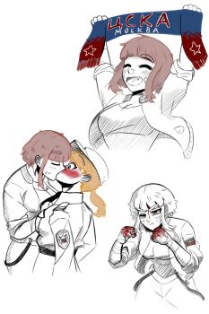 2girls absurdres bandaged_hand bandages bandaid bandaid_on_cheek bandaid_on_face blonde_hair blood blood_from_forehead bloody_bandages blush breasts brown_hair clenched_teeth closed_eyes commentary english_commentary fang fighting_stance fluffkaiser forced_kiss french_kiss happy hat highres jacket kiss long_hair medium_breasts multiple_girls original pants peaked_cap pfc_cska_moscow police police_uniform ponytail russian_police short_hair sidelocks sleeves_rolled_up smile soccer soccer_hooligan teeth tomboy yuri