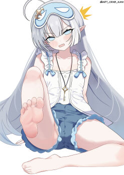 1girl :o absurdres ahoge art_crab ass bare_legs barefoot collarbone commentary_request denim denim_shorts eye_mask female_tyrant_(pajamas)_(stella_sora) female_tyrant_(stella_sora) full_body grey_eyes grey_hair groin hair_between_eyes head_tilt highres jewelry key long_hair looking_at_viewer mask necklace official_alternate_costume pendant_choker pointy_ears short_shorts shorts sidelocks simple_background sitting soles solo stella_sora surprised toenails toes tyrant_(stella_sora) white_background
