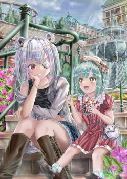 +_+ 2girls :d alternate_costume beret black_shirt blue_hair blue_sky blunt_bangs blush bob_cut boots brown_boots brown_eyes brown_hat bungo_yayoi casual city commentary_request convenient_leg cutoffs day denim denim_shorts dress dual_wielding eyelashes eyepatch feet_out_of_frame flower food food_on_face frilled_sleeves frills full_body furrowed_brow grey_hair grin hair_between_eyes hair_rings hand_on_own_cheek hand_on_own_face happy hat heaven_burns_red height_difference highres holding holding_food holding_ice_cream ice_cream knees_together_feet_apart kuroe_maruru looking_at_another medium_dress medium_hair midriff multiple_girls one_eye_covered open_mouth outdoors pink_flower puffy_short_sleeves puffy_sleeves red_dress red_eyes shirt short_sleeves shorts sidelocks sitting sitting_on_stairs sky sleeveless sleeveless_shirt smile smug stairs straight_hair twintails v-shaped_eyebrows yamawaki_bon_ivar