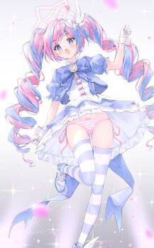 1girl :o arino_ayarei arm_behind_back blue_archive blue_bow blue_bowtie blue_dress blue_eyes blush bow bow_panties bowtie chinese_commentary commentary corset dress drill_hair earrings from_below full_body gloves halo hand_up highres hip_focus jewelry long_hair looking_at_viewer magical_girl multicolored_hair panties pink_hair pink_halo reisa_(blue_archive) reisa_(magical)_(blue_archive) short_dress short_sleeves side-tie_panties solo standing standing_on_one_leg star_(symbol) star_earrings star_halo streaked_hair striped_clothes striped_panties striped_thighhighs surprised thigh_gap thighhighs thighs twin_drills twintails two-tone_hair underwear upskirt very_long_hair white_corset white_gloves wide-eyed