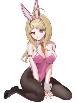 1girl ahoge akamatsu_kaede animal_ears arm_strap bare_shoulders between_breasts black_pantyhose black_shoes blonde_hair breasts cleavage collarbone danganronpa_(series) danganronpa_v3:_killing_harmony detached_collar fake_animal_ears fortissimo full_body hair_ornament highres keke_(xfxyuio) knee_strap large_breasts leotard long_hair looking_at_viewer musical_note musical_note_hair_ornament necktie necktie_between_breasts pantyhose pink_leotard playboy_bunny purple_eyes rabbit_ears shoes simple_background sitting smile solo strapless strapless_leotard wariza white_background white_wrist_cuffs wrist_cuffs