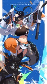 1girl absurdres bikini black_bikini black_hair blue_hair breasts bullet commentary_request goggles goggles_on_head green_eyes gun highres holding holding_gun holding_weapon horns jacket large_breasts long_hair motor_vehicle motorcycle multicolored_hair navel orange_thighhighs original pointy_ears smile solo swimsuit tail teeth thighhighs twitter_username two-tone_hair weapon white_jacket yakousei_a