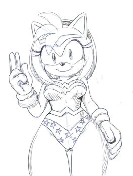 1girl amy_rose ass bare_legs cosplay dc_comics dcau eyelashes formal_clothes gloves groin hedgehog leg_focus legs looking_at_viewer medium_hair sega smile solo sonic_(series) suit tiara traditional_media warner_bros. wonder_woman wonder_woman_(cosplay) wonder_woman_(series)