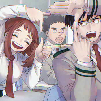 1girl 2boys black_hair boku_no_hero_academia breasts brown_hair closed_eyes collared_shirt glasses grey_jacket hk_(nt) iida_tenya jacket medium_breasts multiple_boys necktie open_mouth parted_lips red_eyes red_necktie sato_rikido school_uniform shirt smile thick_eyebrows thick_lips u.a._school_uniform upper_body uraraka_ochako white_shirt