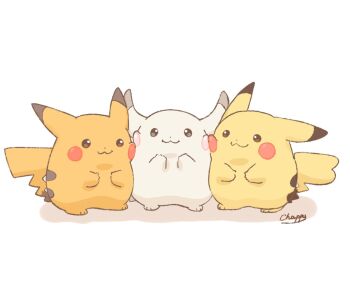 alternate_color cheek-to-cheek closed_mouth commentary_request fat_pikachu full_body gen_1_pokemon heads_together mimix nintendo no_humans peakychu pikachu pokemon pokemon_(creature) pokemon_focus pokemon_pokopia shiny_pokemon simple_background smile tail white_background
