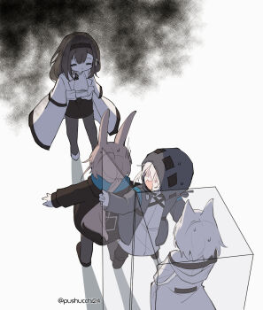 Rule 34 | 1other, 3girls, ambiguous gender, amiya (arknights), animal ears, arknights, artist name, black coat, black hairband, black pantyhose, black skirt, brown hair, cat ears, coat, doctor (arknights), hairband, highres, hood, hooded coat, kal'tsit (arknights), long hair, multiple girls, pantyhose, ponytail, priestess (arknights), pushu, rabbit ears, shirt, skirt, twitter username, white coat, white hair, white shirt