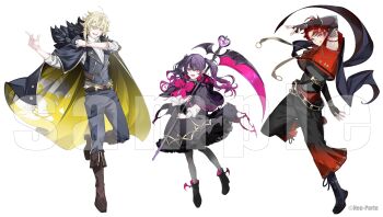 Rule 34 | 1girl, 2boys, :d, :q, absurdres, adjusting clothes, alternate costume, amane amu, ankle boots, arm at side, arm strap, arm tattoo, arm up, belt, black belt, black boots, black cape, black capelet, black dress, black gloves, black pants, black scarf, black shirt, blonde hair, boots, bow, bowtie, brown belt, brown boots, cape, capelet, ceo kazari, collared shirt, copyright notice, cropped jacket, curtained hair, drawstring, dress, earrings, elbow gloves, fingerless gloves, fishnets, fold-over boots, frilled dress, frills, full body, fur-trimmed cape, fur trim, gem, gloves, gradient hair, gradient pants, grey pants, grey pantyhose, grey vest, hair between eyes, hair ornament, hair over one eye, hairclip, heart-shaped gem, highres, hiiragi tsurugi, holding, holding scythe, jacket, jewelry, knee boots, lapel pin, lapels, lineup, long sleeves, looking at viewer, medium dress, mole, mole under eye, multicolored hair, multiple boys, multiple moles, neo-porte, ninja, o-ring, official art, open mouth, orange eyes, pants, pantyhose, parted bangs, pink bow, pink bowtie, pink gemstone, pink hair, pleated pants, purple hair, red hair, red jacket, red pants, red sash, ribbon-trimmed capelet, ribbon trim, sample watermark, sash, scarf, scythe, shirt, short hair, sideways glance, simple background, single sidelock, sleeveless, sleeveless jacket, sleeveless shirt, sleeves rolled up, smile, standing, standing on one leg, tattoo, tongue, tongue out, torn clothes, twintails, two-tone hair, vest, virtual youtuber, waist sash, watermark, white background, white shirt, winged boots, x hair ornament, yellow cape, yonemuro