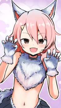 1girl alternate_costume animal_costume animal_ears benisumomo black_skirt blush brown_eyes claw_pose cropped_shirt dot_nose fake_animal_ears fake_claws fake_tail fangs female_focus fur_gloves fur_shirt gloves gradient_background grey_gloves grey_shirt kunoichi_tsubaki_no_mune_no_uchi long_hair mellow_yellow_(my_kakukaku) midriff navel open_mouth pink_hair purple_background shirt simple_background skirt smile solo straight-on straight_hair tail upper_body wolf_costume wolf_ears wolf_tail