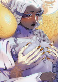 2girls absurdres angel bird_girl blackberreh-art blush breasts claws colored_sclera dark-skinned_female dark_skin feathers furry furry_female furry_with_non-furry glowing glowing_halo grabbing_another's_breast grabbing_from_behind grey_hair grey_sclera groping halo hazbin_hotel head_out_of_frame hellaverse highres huge_breasts interspecies long_eyelashes multiple_girls sera_(hazbin_hotel) solo_focus speaker_of_god_(hazbin_hotel) sweat yuri