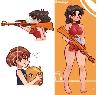 2girls absurdres aiming azumanga_daiou ball beachball bikini blush breasts brown_eyes brown_hair from_side highres medium_breasts mihama_chiyo multiple_girls one-piece_swimsuit ponytail red_bikini scope smile sports_bikini swimsuit tanizaki_yukari te_maldigo twintails water_gun wavy_hair