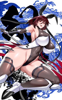 1girl bare_shoulders bodysuit boots breasts brown_hair brown_leotard brown_thighhighs commentary_request covered_navel elbow_gloves gloves grey_leotard high_heel_boots high_heels highleg highleg_leotard highres hozumi_kenji huge_breasts impossible_bodysuit impossible_clothes impossible_leotard leotard looking_at_viewer mature_female mizuki_shiranui red_eyes shiny_clothes simple_background skin_tight solo taimanin_(series) taimanin_suit taimanin_yukikaze thighhighs white_background white_boots