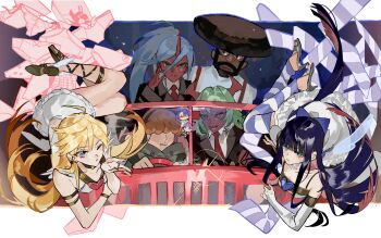 4boys 4girls absurdres adjusting_eyewear afro aqua_eyes beard blonde_hair blowing_kiss blue_eyes blue_hair bridal_gauntlets brief_(psg) brown_hair chibi chibi_inset chinese_commentary colored_skin commentary_request dark-skinned_male dark_skin demon_girl demon_horns everyone facial_hair full_beard garterbelt_(psg) glasses green_eyes green_hair highres horns huge_afro kneesocks_(psg) multiple_boys multiple_girls necktie orange_hair ouge_dz panties panty_&amp;_stocking_with_garterbelt panty_(psg) pink_hair polyester_(psg) polyurethane_(psg) purple_hair red_eyes red_necktie red_skin sandals scanty_(psg) see-through_(psg) siblings single_horn sisters steering_wheel stocking_(psg) thighhighs underwear unworn_panties unworn_thighhighs white_bridal_gauntlets