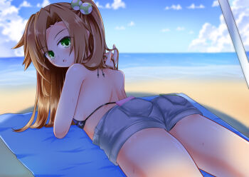 1girl ass bare_shoulders bikini blush breasts brown_hair choujigen_game_neptune compile_heart from_behind green_eyes hair_bobbles hair_ornament idea_factory if_(neptunia) long_hair looking_at_viewer looking_back lying medium_breasts neptune_(series) on_stomach short_shorts shorts sideboob solo swimsuit very_long_hair