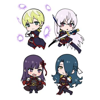 Rule 34 | 4girls, azuma fubuki, chibi, hair over one eye, izumo tenka, long hair, mato seihei no slave, multiple girls, purple eyes, purple hair, short hair, sword, thighhighs, uzen kyouka, weapon, yamashiro ren