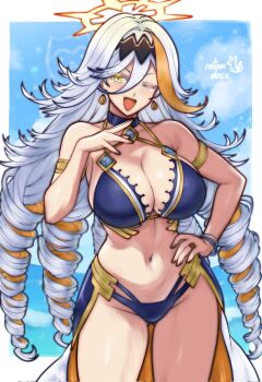 1girl ;d alternate_costume armpits baldr_(fire_emblem_heroes) bare_arms bare_shoulders bikini blonde_hair blue_bikini bracelet breasts collarbone colored_inner_hair commentary commission drill_hair earrings english_commentary fire_emblem fire_emblem_heroes gluteal_fold halo hand_on_own_chest hand_on_own_hip highres jewelry ko-fi_commission large_breasts long_hair looking_at_viewer multicolored_hair navel nintendo ocean ojou-sama_pose one_eye_closed open_mouth outdoors rotomdocs smile solo stomach swimsuit thighs very_long_hair white_hair yellow_eyes