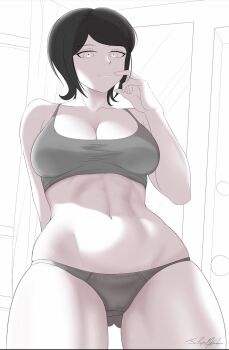1girl absurdres artist_request bare_legs black_hair bra breasts cleavage collarbone danganronpa:_trigger_happy_havoc danganronpa_(series) female_focus freckles grey_bra grey_panties hand_up highres ikusaba_mukuro large_breasts looking_at_viewer low_angle navel panties parted_bangs simple_background solo underwear underwear_only white_background white_eyes
