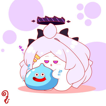 Rule 34 | ahoge, blue archive, blush, chestnut mouth, chibi, colored shadow, commentary request, crossover, dragon quest, grey hair, halo, highres, hina (blue archive), holding, horns, kurukurumagical, long hair, parted bangs, parted lips, purple eyes, shadow, single hair intake, slime (dragon quest), translation request, very long hair, white background