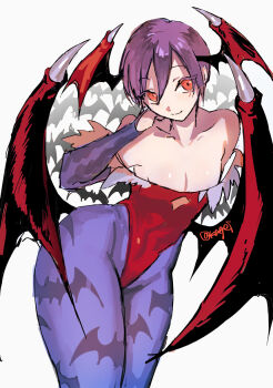 Rule 34 | 1girl, animal print, arm behind back, bat (animal), bat print, breasts, bridal gauntlets, cleavage, cleavage cutout, closed mouth, clothing cutout, collarbone, darkstalkers, demon girl, demon wings, double-parted bangs, feet out of frame, hair between eyes, hand on own neck, head wings, highres, leaning forward, leotard, lilith (darkstalkers), looking at viewer, pantyhose, purple bridal gauntlets, purple hair, purple pantyhose, red eyes, red leotard, short hair, simple background, small breasts, smile, solo, split mouth, strapless, strapless leotard, trfd 3, white background, wings