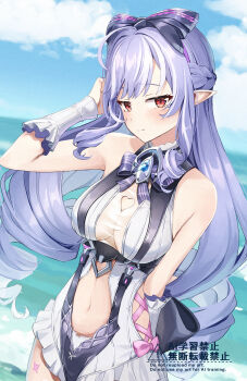 1girl absurdres bare_shoulders blue_sky bow bowtie breasts casual_one-piece_swimsuit closed_mouth clothing_cutout commentary cowboy_shot cyclone_tarou day hair_bow heart_cutout highres light_blush long_hair looking_at_viewer medium_breasts multicolored_hair navel ocean official_alternate_costume one-piece_swimsuit outdoors pointy_ears purple_bow purple_bowtie purple_hair red_eyes sidelocks sky solo stomach stomach_cutout streaked_hair swimsuit thighs very_long_hair vivian_banshee vivian_banshee_(iris_of_the_shore) white_one-piece_swimsuit zenless_zone_zero