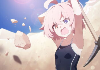 1girl abydos_high_school_swimsuit ahoge armpits arms_up bare_arms bare_shoulders black_one-piece_swimsuit blue_archive blue_eyes breasts desert digging fang flying frown game_cg hair_between_eyes halo heterochromia highres holding holding_pickaxe hoshino_(blue_archive) hoshino_(first_year)_(blue_archive) hoshino_(young)_(blue_archive) lens_flare new_school_swimsuit non-web_source official_art one-piece_swimsuit open_mouth outdoors pickaxe pink_hair pink_halo sand school_swimsuit short_hair small_breasts solo sweat swimsuit yellow_eyes