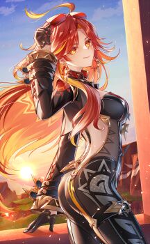 Rule 34 | 1girl, absurdres, adjusting eyewear, ahoge, ass, back, biker clothes, bikesuit, black bodysuit, black gloves, black jacket, blue sky, bodysuit, breasts, closed mouth, commentary request, cowboy shot, cropped jacket, earrings, eyewear on head, from side, genshin impact, gloves, hand up, highres, jacket, jewelry, long hair, long sleeves, looking at viewer, looking to the side, mavuika (genshin impact), medium breasts, multicolored hair, orange eyes, orange hair, outdoors, red-tinted eyewear, sky, smile, solo, sun earrings, sunglasses, sunset, tinted eyewear, two-tone hair, yuno kaihara