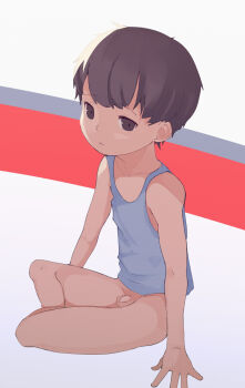 1boy bottomless brown_hair closed_mouth highres male_focus original penis shirt short_hair shota sitting sleeveless sleeveless_shirt solo tank_top toasteroli