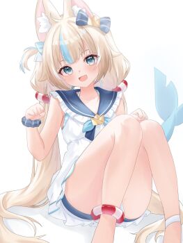 1girl :d animal_ear_fluff animal_ears astrachan949 blonde_hair blue_eyes blue_sailor_collar blue_streaks blush cat_ears clenched_hands commentary convenient_leg dress fang feet_out_of_frame fins fish_tail frilled_sailor_collar frills highres indie_virtual_youtuber long_hair looking_at_viewer multicolored_hair one_side_up open_mouth panties pantyshot sailor_collar sailor_dress sameko_saba shark_tail simple_background sitting skin_fang smile solo streaked_hair tail twintails underwear untranslatable_commentary very_long_hair virtual_youtuber white_background white_dress white_panties