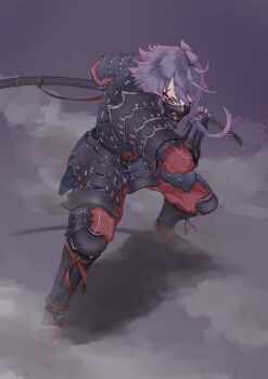 1girl absurdres alternate_costume armor battoujutsu_stance black_eyes commentary_request crazy_smile dou dust_cloud eye_trail fighting_stance floating_hair full_body glaring half-closed_eyes highres holding holding_sword holding_weapon japanese_armor kote kusazuri light_trail menpoo open_mouth pants purple_hair ready_to_draw red_pants red_pupils scar scar_across_eye scar_on_face sheath sheathed shiratama_(siratama5656) short_hair_with_long_locks shoulder_armor smile sode solo standing suneate sword tabi tachi_(weapon) v-shaped_eyebrows vocaloid voiceroid weapon yuzuki_yukari