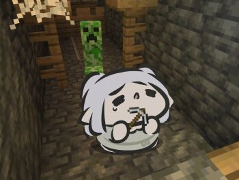 1girl =_= chibi commentary creeper dress elf frieren grey_dress grey_hair highres holding holding_pickaxe long_hair minecraft minecraft_pickaxe mineshaft pickaxe pointy_ears railroad_tracks silk sousou_no_frieren spider_web superappleman teardrop untranslatable_commentary white_hair