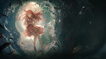 1girl air_bubble ankle_socks artist_request bow bow_legwear bowtie bubble closed_eyes closed_mouth clothes_writing cross-laced_clothes cross-laced_dress dappled_sunlight dress dress_ribbon expressionless floating floating_clothes floating_hair full_body hand_on_hand hands_on_own_stomach highres long_hair long_sleeves mary_janes medium_dress nikki_(nikki) nikki_(series) official_art official_wallpaper own_hands_together pinafore_dress pink_bow pink_dress pink_hair pink_shoes pleated_dress red_bow red_bowtie red_ribbon ribbon second-party_source shards shining_nikki shirt shoes sleeveless sleeveless_dress sleeves_past_wrists socks solo sunlight torn_ribbon turtleneck turtleneck_shirt underwater very_long_hair waves white_shirt white_socks