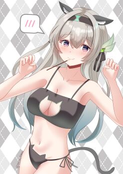 1girl absurdres animal_ears black_panties black_ribbon blush breasts cat_ear_panties cat_ears cat_lingerie cat_tail cleavage closed_mouth commentary_request firefly_(honkai:_star_rail) food food_in_mouth gradient_hair green_pupils grey_hair hair_between_eyes hair_intakes hair_ornament hair_ribbon highres honkai:_star_rail honkai_(series) large_breasts long_hair multicolored_eyes multicolored_hair niwashi_nero panties paw_pose pocky pocky_in_mouth ribbon smile solo string_panties tail underwear