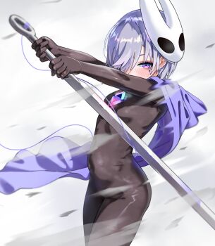 1girl alternate_costume black_bodysuit blush bodysuit breasts cosplay gurumie hair_over_one_eye highres holding holding_needle hollow_knight hollow_knight:_silksong hololive hololive_english hornet_(hollow_knight) hornet_(hollow_knight)_(cosplay) jewel_under_eye koseki_bijou looking_at_viewer medium_hair needle purple_eyes purple_hair small_breasts solo virtual_youtuber