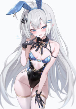 1girl abpart alternate_costume animal_ears arm_strap artist_name bare_shoulders black_gloves black_leotard blue_eyes blue_hairband blush breasts chess_piece collarbone detached_collar fake_animal_ears female_tyrant_(stella_sora) gloves hair_ornament hairband hairclip hand_up highleg highleg_leotard highres leotard long_hair looking_at_viewer open_mouth paid_reward_available playboy_bunny pointy_ears rabbit_ears sidelocks simple_background sleeveless small_breasts solo stella_sora thighhighs thighs tyrant_(stella_sora) white_background white_hair white_thighhighs