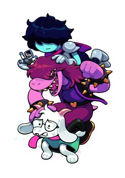 1girl 1other 2boys animal_ears armlet colored_skin colored_teeth deltarune discount-supervillain furry furry_female goat_ears highres jewelry kris_(dark_world)_(deltarune) kris_(deltarune) lancer_(deltarune) mini_person miniboy multiple_boys pink_skin ralsei reptile_girl spikes susie_(dark_world)_(deltarune) susie_(deltarune) utdr_(toby_fox) yellow_teeth