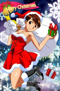 1girl bare_shoulders black_boots boots box breasts brown_eyes brown_hair christmas city cleavage dress fur-trimmed_boots fur-trimmed_dress fur-trimmed_headwear fur_trim gift gift_box hat high_heels holding holding_gift holding_sack medium_breasts merry_christmas non-web_source official_art outdoors red_dress red_hat sack santa_costume santa_dress santa_hat shiny_skin short_dress short_hair smile snowflakes solo super_real_mahjong tanaka_ryou toono_mizuki