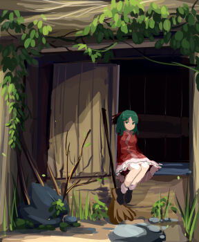 1girl animal_ears black_shoes black_trim branch broom cabin closed_mouth dog_ears dress furahata_gen grass green_eyes green_hair highres hut kasodani_kyouko leaf looking_at_viewer overgrown pink_skirt rock shoes sitting skirt socks swept_bangs touhou white_dress white_socks