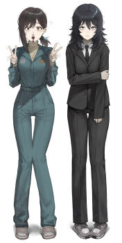 2girls absurdres anya_(mouthwashing) anya_(mouthwashing)_(cosplay) black_hair black_jacket black_necktie black_pants blood blue_jumpsuit brown_eyes brown_hair chainsaw_man closed_mouth collared_shirt commentary cosplay costume_switch crying crying_with_eyes_open double_v formal_clothes full_body grey_eyes grey_shoes hair_ornament hairclip higashiyama_kobeni higashiyama_kobeni_(cosplay) highres jacket jumpsuit k_hottok long_hair looking_at_viewer mole mole_under_eye mole_under_mouth mouthwashing multiple_girls multiple_moles necktie nosebleed pant_suit pants sandals shirt shoes simple_background standing straight-on suit suit_jacket tears thigh_gap v white_background white_shirt