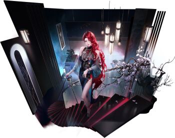 Rule 34 | 1girl, aqua eyeshadow, artist request, black dress, blue shawl, cabernet (path to nowhere), cane, dress, eyeshadow, flower, hair flower, hair ornament, highres, holding, holding cane, indoors, jewelry, long hair, makeup, necklace, official art, on stairs, overhead lights, path to nowhere, pearl necklace, plant, potted plant, purple eyes, railing, red lips, shawl, side slit, stairs, tree, very long hair, wall lamp