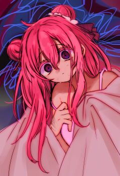 1girl @_@ crazy_eyes double_bun hair_between_eyes hair_bun hand_up happy_sugar_life highres long_hair looking_at_viewer matsuzaka_satou mirariso_m pink_hair pink_tank_top self-harm_scar single_off_shoulder solo tagme tank_top tears upper_body wrapped_in_blanket