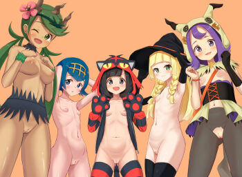 5girls :3 :d ;d acerola_(fall_2020)_(pokemon) acerola_(pokemon) adjusting_clothes adjusting_headwear animal_hands armpits arms_behind_head arms_up black_eyes black_gloves black_hair blonde_hair blue_eyes blue_hair blush bottomless bracelet braid breasts character_hood cleft_of_venus corset cosplay detached_collar elbow_gloves embarrassed female_focus flower gen_7_pokemon gloves green_eyes green_hair hair_flower hair_ornament hairband halloween hands_on_own_chest hands_up hat hood hood_up hooded_jacket hoodie jacket jewelry lana_(pokemon) lillie_(pokemon) lineup litten litten_(cosplay) loli long_hair looking_at_viewer low_twintails mallow_(pokemon) mimikyu mimikyu_(cosplay) multiple_girls navel nintendo nipples nude one_eye_closed open_clothes open_jacket open_mouth orange_background pantyhose paw_gloves pokemon pokemon_masters_ex pokemon_sm purple_hair pussy selene_(pokemon) short_hair simple_background single_glove small_breasts smile standing tail torn_clothes torn_pantyhose twin_braids twintails uncensored wink witch_hat wrist_cuffs zyarame
