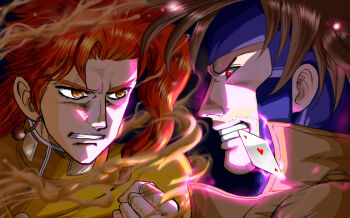 Rule 34 | 2boys, angry, black background, black sclera, brown hair, brown jacket, card, clenched teeth, colored sclera, energy, gambit, glaring, glowing, grimace, headpiece, jacket, jojo no kimyou na bouken, m.u.g.e.n, marvel, multiple boys, nana-2009, playing card, red eyes, red hair, rubber soul, shirt, slime (substance), stardust crusaders, stare down, teeth, x-men, yellow eyes, yellow shirt, yellow temperance