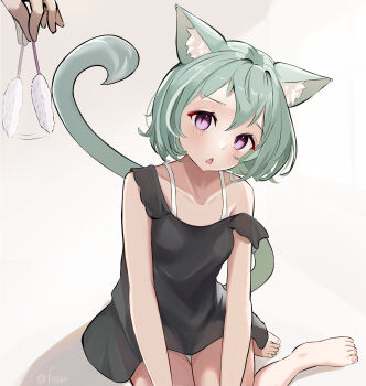 1girl 1other absurdres afterimage animal_ear_fluff animal_ears black_dress blush bra bra_strap breasts cat_ears cat_girl cat_tail chestnut_mouth collarbone dress feet fosqie grey_hair hair_between_eyes highres holding_cat_teaser interested looking_at_object medium_hair mint_(fosqie) motion_lines open_mouth original purple_eyes short_dress signature simple_background single_off_shoulder sitting sleeveless sleeveless_dress slit_pupils small_breasts solo_focus tail tail_raised thigh_gap underwear white_background white_bra yokozuwari