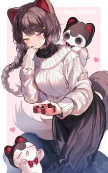 1girl :3 animal_ears ban_(inui_toko) black_fur black_skirt box chocolate closed_mouth dog_ears dog_girl dog_tail food heart-shaped_box heterochromia highres holding holding_food inui_toko leaning_forward long_hair long_skirt long_sleeves nijisanji red_eyes skirt smile solo sweater tail valentine very_long_hair virtual_youtuber white_sweater y_o_u_k_a yellow_eyes
