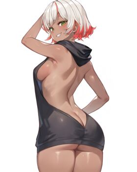 1girl :d arm_up armpits ass back backless_outfit bare_arms bare_back bare_shoulders blue_eyes blush breasts butt_crack cowboy_shot dark-skinned_female dark_skin from_behind grin highres hood hood_down looking_at_viewer looking_back medium_breasts multicolored_hair nakamura_nagare no_panties open_mouth original parted_lips red_hair revealing_clothes sideboob simple_background sleeveless smile solo two-tone_hair white_background white_hair